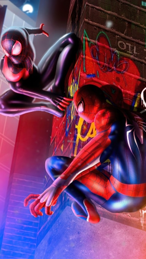 Spider-Man and Miles Morales on a Graffitied Wall
