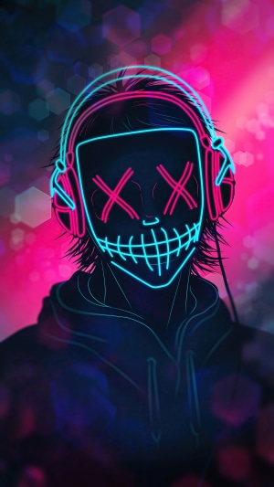 Neon mask with headphones digital art