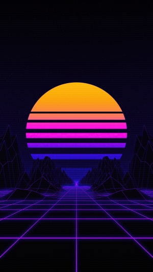Retrowave digital art with neon grid and sunset