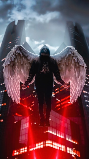 Angel with wings in front of city buildings
