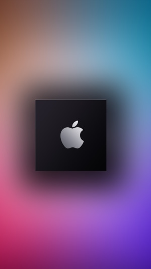 Apple logo on a dark square against a blurred gradient background