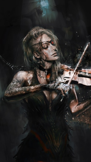Woman playing violin with eye patch and tattoos