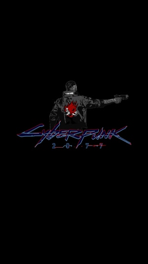 Cyberpunk 2077 logo with character holding gun