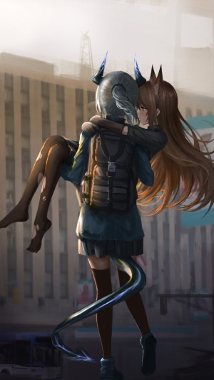 Two girls from Arknights in a city