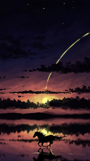 Silhouette of a horse running in front of a sunset and starry sky