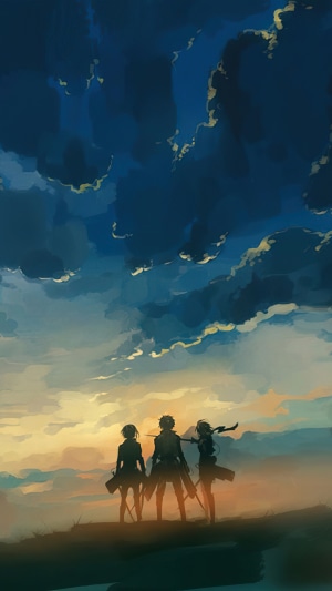 Attack on Titan characters against a sunset sky