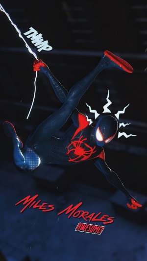 Spider-Man Miles Morales swinging with web