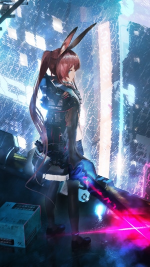 Anime girl with bunny ears and sword in futuristic city
