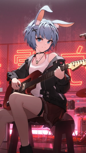 Anime Girl with Bunny Ears Playing Guitar
