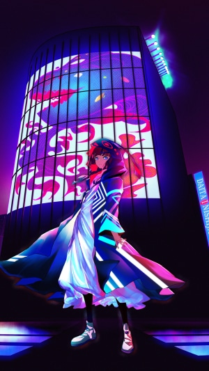 Anime girl in futuristic city with neon lights