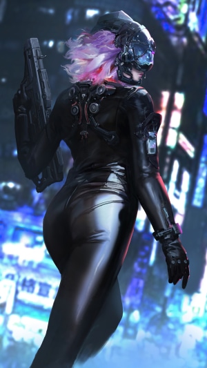 Cyberpunk character with pink hair and gun
