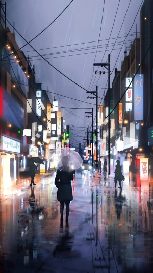 Digital Art of a Rainy City Street at Night