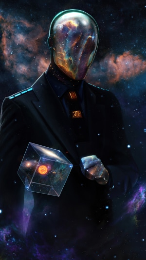 Man with galaxy head holding a cube with solar system