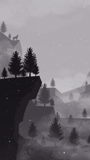 Minimalist wolf howling on a cliff with trees