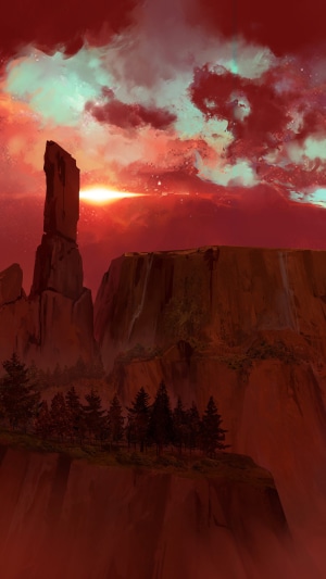 Digital art of a rocky landscape at sunset