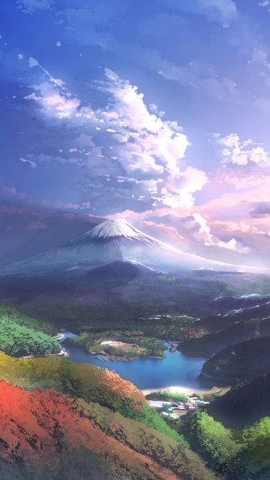 Artwork of Mount Fuji with a lake and forest