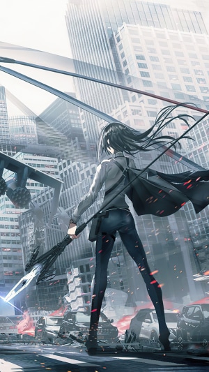 Anime girl with a weapon in a destroyed city