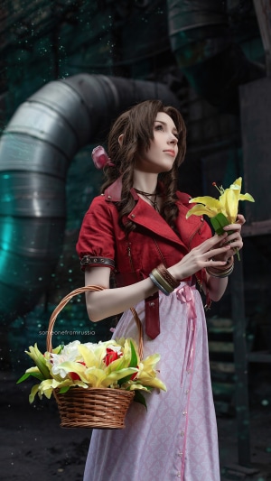 Aerith Gainsborough from Final Fantasy cosplay with flowers