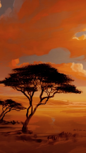 Digital art of African savanna at sunset