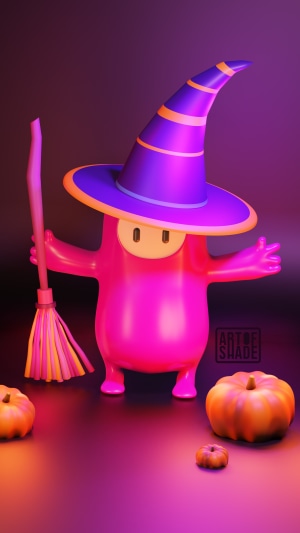 Fall Guys character in witch hat with broom and pumpkins