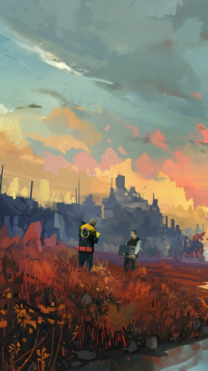 Two figures in a post-apocalyptic landscape