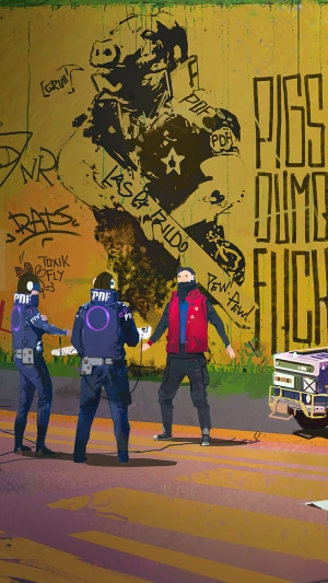 Protestors confront police in front of graffiti art