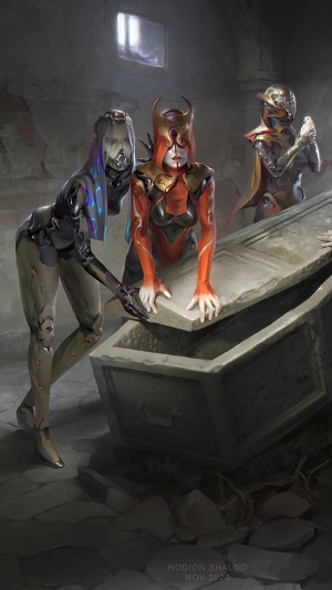 Three cyborgs opening a stone sarcophagus