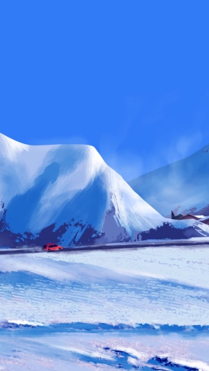 Digital artwork of a red car driving on a snowy road near mountains