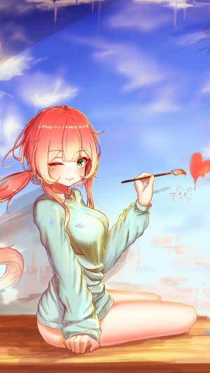 Anime girl painting a heart and cat