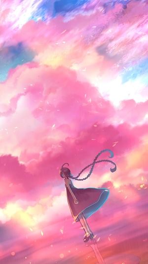 Anime girl with braided hair in pink clouds