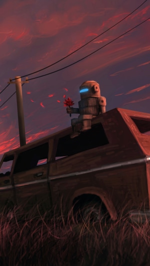 Robot holding a flower on a car at sunset