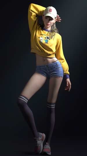Woman in yellow sweatshirt and denim shorts