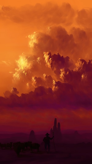 Cowboy with herd at sunset