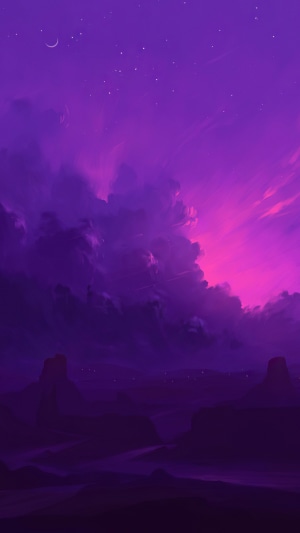 Purple and pink sky over desert landscape with stars