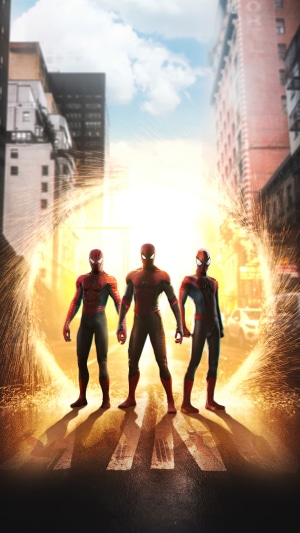 Three Spider-Men in a City Portal