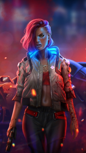 Cyberpunk 2077 character with pink hair and jacket