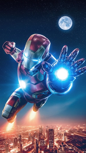 Iron Man flying over a city at night