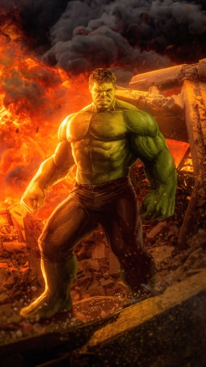 Hulk standing in a destroyed city with fire