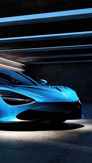 Blue McLaren 720S in a concrete garage