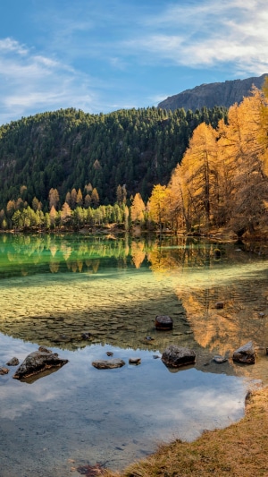 Autumn lake with colorful trees and mountains in Switzerland