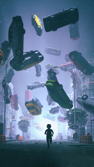 Child running through city with cars falling from sky