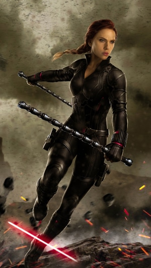 Black Widow with batons in combat