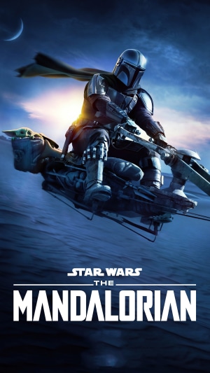 The Mandalorian and Grogu on a speeder bike