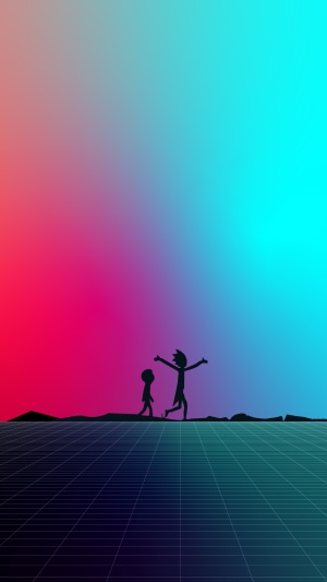 Rick and Morty silhouettes on a synthwave grid