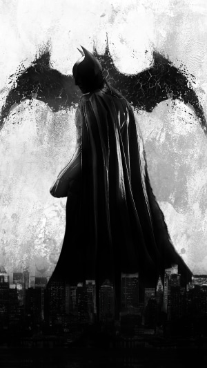 Batman Artwork with Cityscape and Bat Symbol