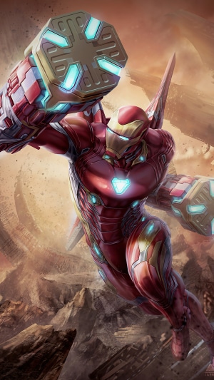 Iron Man in a battle suit with large arm cannons
