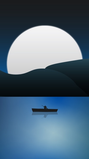 Minimalist boat on a lake under a large moon