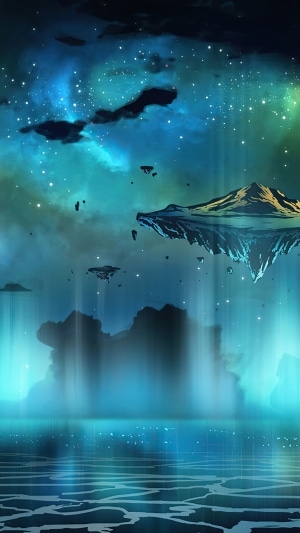 Floating islands in a nebula with aurora
