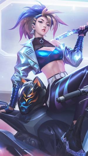 Akali from League of Legends on a motorcycle
