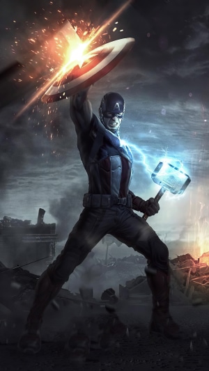 Captain America wielding Mjolnir and his shield